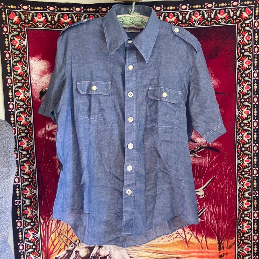vintage 70s mens van dyke chambray short sleeve button down shirt top
